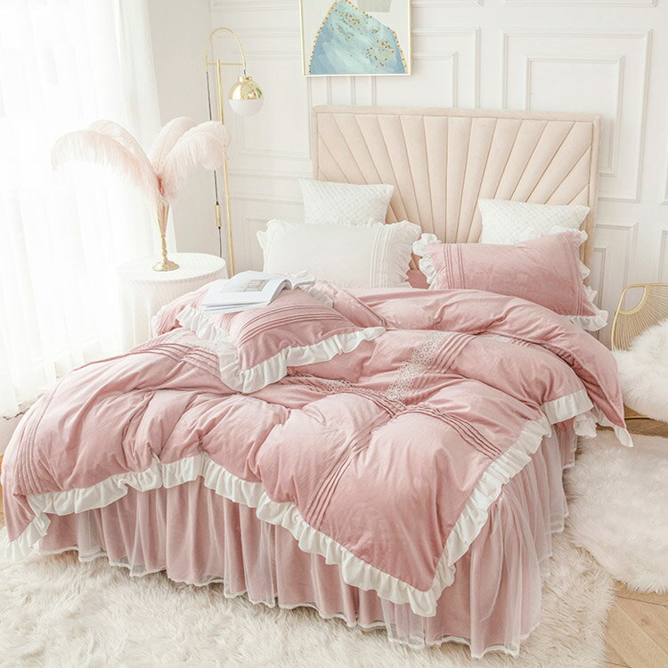 送料無料 全4色 布団カバーセット フリル 可愛い 冬 寝具カバーセット 4点セット 韓国風 オシャレ 無地 フランネル 暖か 掛け布団カバーセット 敷きカバー ダブル ピンク グリーン ベージュ ホワイト ベッドスカート ベッド用品 洋式 和式