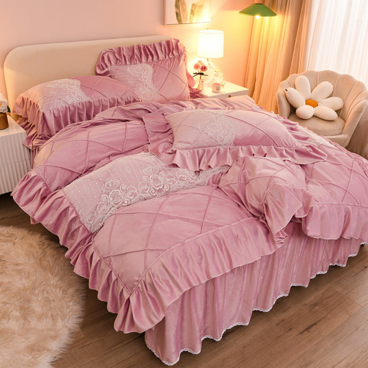 送料無料 全4色 寝具カバーセット 布団カバーセット 冬 4点セット 掛け布団カバー レース フリル 可愛..