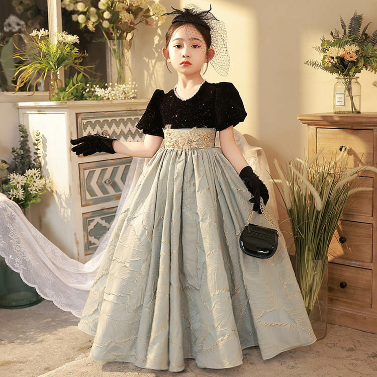 送料無料 子供ドレス ピアノ発表会ドレス 黒 ベロア ベルベット ロングドレス グレー ドッキング オシャレ 女児ドレス 女の子ドレス 演奏会ドレス パフスリーブ パール エレガント キッズドレス フォーマル 演出服 ステージドレス 100~160cm