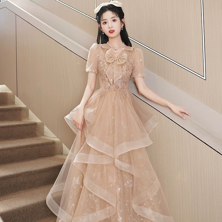 送料無料 イブニングドレス ベージュ シャンパン色 ロングドレス 結婚式ドレス 二次会ドレス リボン フレア フリル 可愛い 発表会ドレス ロング パーティードレス Aライン 大きいサイズ ドレス S M L XL XXL XXXL