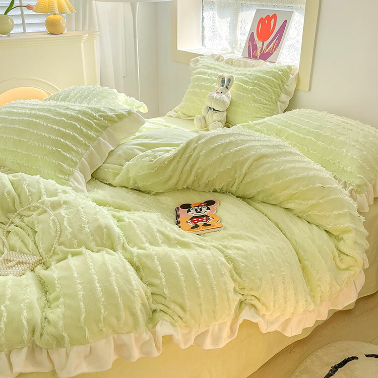 送料無料 全7色 布団カバーセット 韓国風 フリル 可愛い グリーン オシャレ 無地 ベッド用品 寝具カバ..