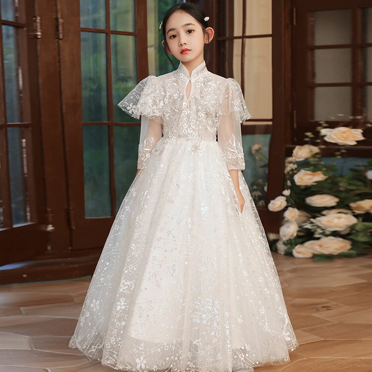 送料無料 子供ドレス チャイナ風ドレス ピアノ発表会ドレス ロングドレス 白 立ち襟 女児ドレス 演奏会ドレス オシャレ ホワイトドレス 女の子 花柄 7分袖 キッズドレス 子どもドレス 100~160cm
