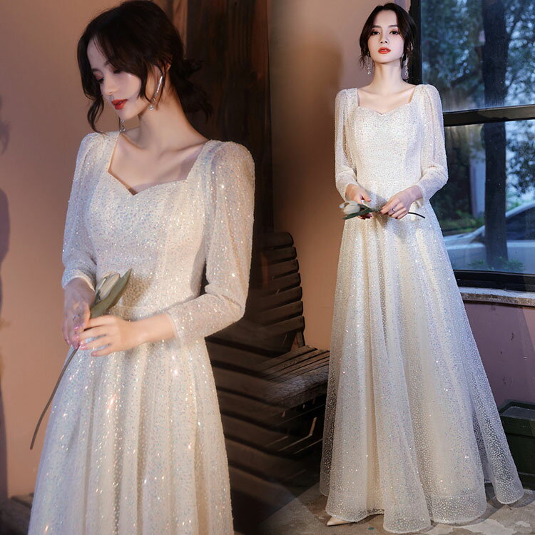 送料無料イブニングドレス ロングドレス スパンコール キラキラドレス シャンパン色 発表会ドレス キレイめ 長袖 Vネック パーティードレス 結婚式ドレス 二次会ドレス お呼ばれドレス Aライン XS S M L XL XXL XXXL