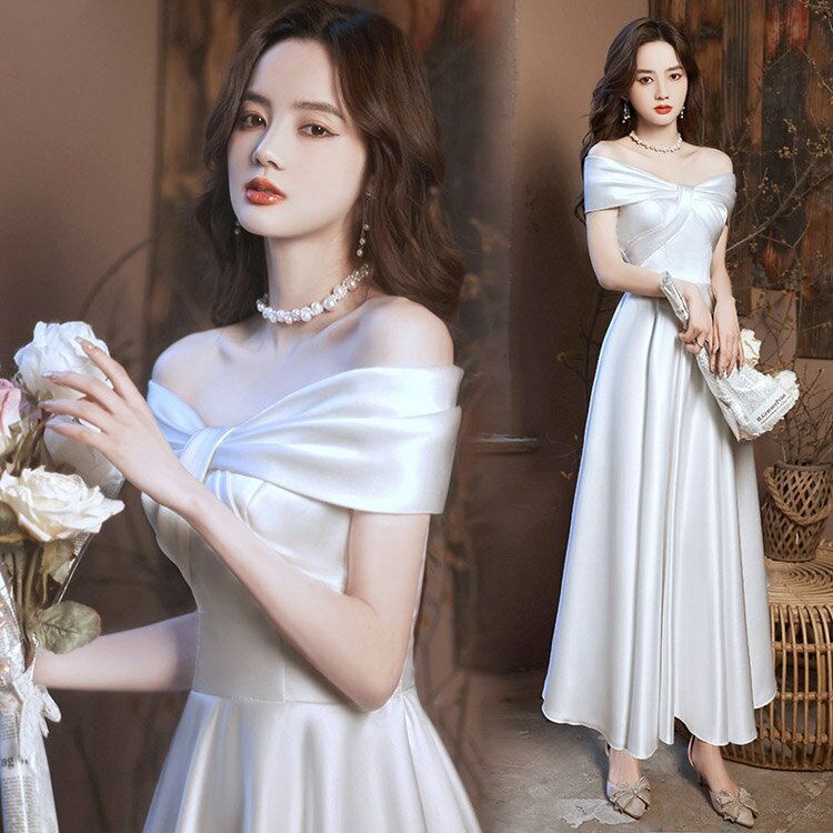 送料無料 イブニングドレス オフショルダー 白 サテン ホワイトドレス 結婚式ドレス 二次会ドレス ワイン赤 ミディアムドレス ロングドレス 2タイプ ゲストドレス ワインレッド パーティードレス Aライン XS S M L XL XXL XXXL