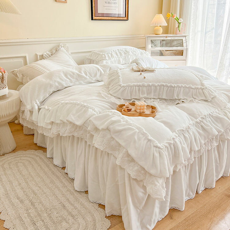 送料無料 全3色 布団カバーセット 韓国風 フリル レース 白 姫系 ベッドスカート 寝具カバーセット 4点..