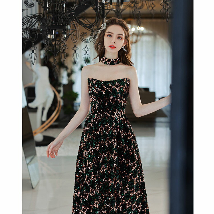 送料無料 イブニングドレス 黒 スパンコール キラキラドレス 発表会ドレス ロングドレス ノースリーブ ビスチェドレス オシャレ パーティードレス Aライン 演奏会ドレス コンサート コンクール XS S M L XL XXL XXXL