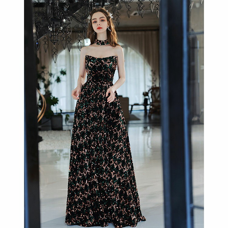 送料無料 イブニングドレス 黒 スパンコール キラキラドレス 発表会ドレス ロングドレス ノースリーブ ビスチェドレス オシャレ パーティードレス Aライン 演奏会ドレス コンサート コンクール XS S M L XL XXL XXXL