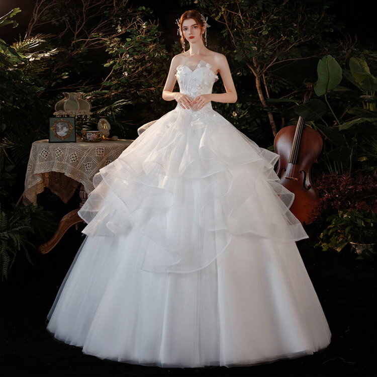 送料無料 激安 ウェディングドレス ノースリーブ ビスチェドレス 白 花嫁ドレス 花柄 オシャレ 結婚式ドレス 二次会ドレス ロングドレス ホワイト フレア フリル プリンセス ブライダルドレス Vネック ウェディング ドレス 海外挙式 披露宴 S M L XL XXL