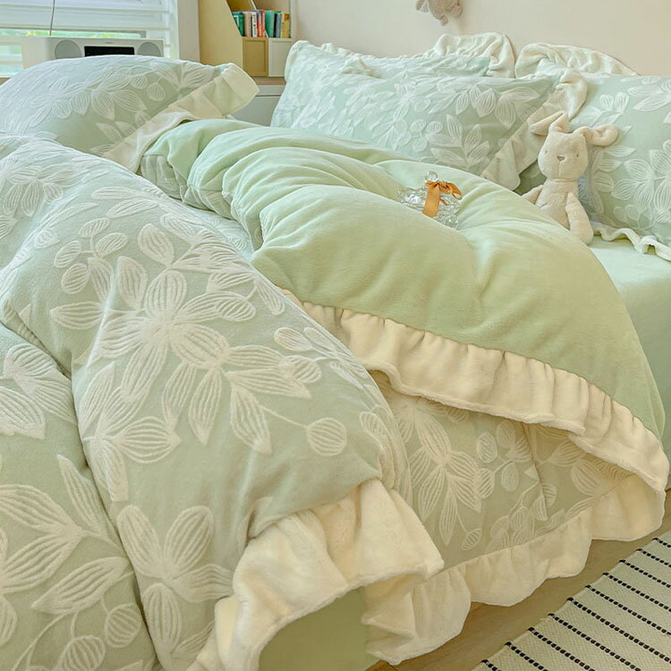 送料無料 布団カバーセット 韓国風 フリル 花柄 可愛い グリーン ピンク 寝具カバーセット 3点セット 4点セット 冬 暖か 掛け布団カバー 敷きカバー 枕カバー ベッド用品 シングル ダブル フラットシーツ ボックスシーツ 2タイプ