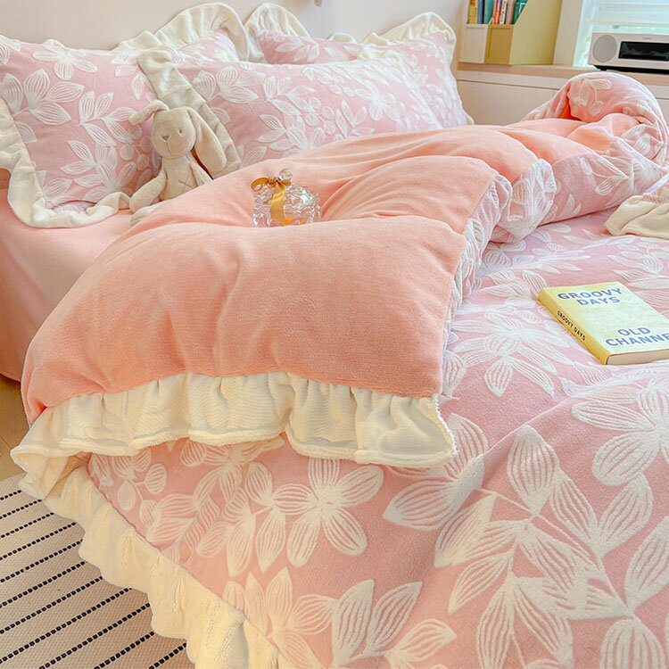 送料無料 布団カバーセット 韓国風 フリル 花柄 可愛い グリーン ピンク 寝具カバーセット 3点セット 4点セット 冬 暖か 掛け布団カバー 敷きカバー 枕カバー ベッド用品 シングル ダブル フラットシーツ ボックスシーツ 2タイプ [2]