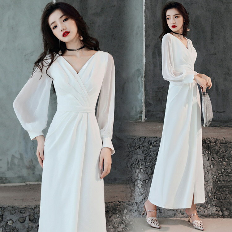 送料無料 二次会ドレス ウェディングドレス 白 サテン ロングドレス Vネック シンプル 結婚式ドレス 二次会ドレス ホワイト ワイン赤 海外挙式 撮影 イブニングドレス パフスリーブ ロング 長袖 無地 XS S M L XL XXL XXXL