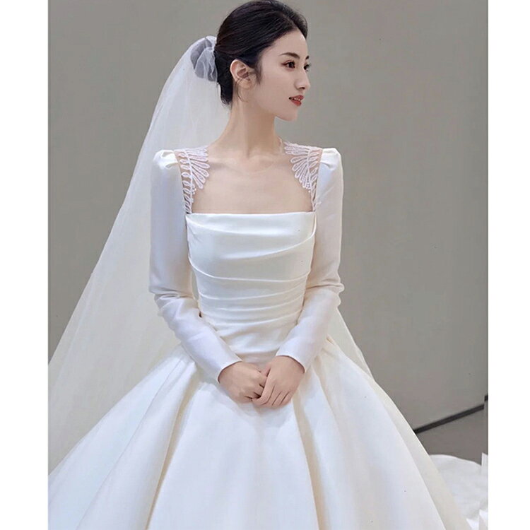 送料無料 ウェディングドレス 白 サテン レース オシャレ 結婚式ドレス ウェディングドレス 長袖 ブライダルドレス 花嫁ドレス ホワイト ロングドレス トレーンドレス 海外挙式 XS S M L XL XXL XXXL