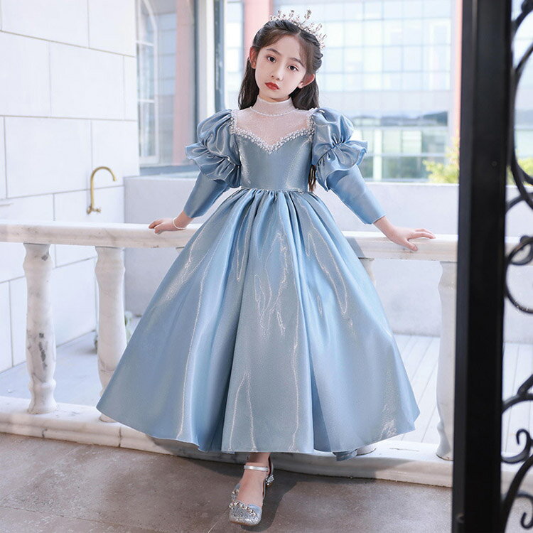 送料無料 子供ドレス ピアノ発表会ドレス ブルー 水色 サテン ロングドレス 演奏会ドレス 女児ドレス ..