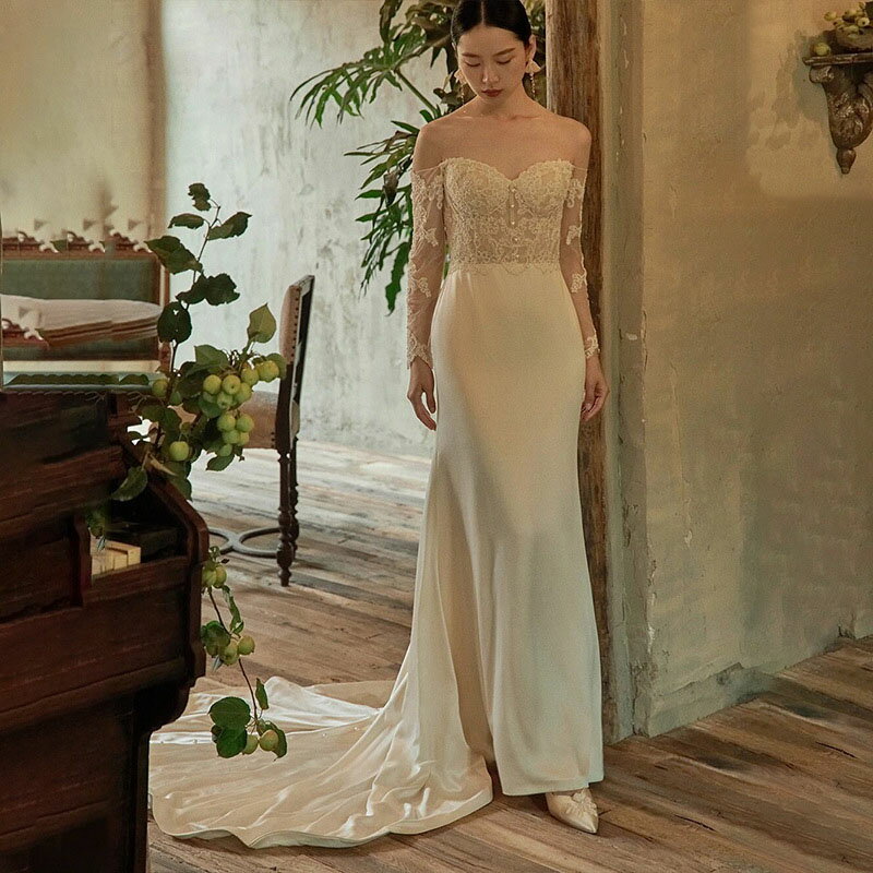 送料無料 ウェディングドレス オフショルダー レース サテン 二次会ドレス ウェディング マーメイドドレス トレーンドレス 結婚式ドレス 花嫁ドレス ロングドレス セクシー 透かし彫り 海外挙式 XS S M L XL XXL XXXL