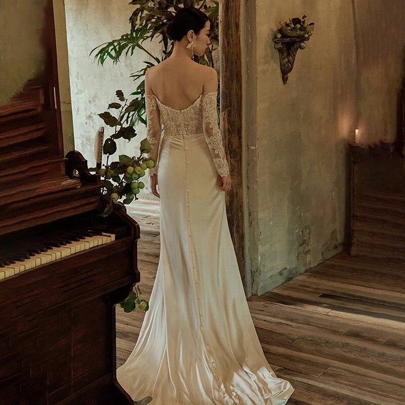 送料無料 ウェディングドレス オフショルダー レース サテン 二次会ドレス ウェディング マーメイドドレス トレーンドレス 結婚式ドレス 花嫁ドレス ロングドレス セクシー 透かし彫り 海外挙式 XS S M L XL XXL XXXL