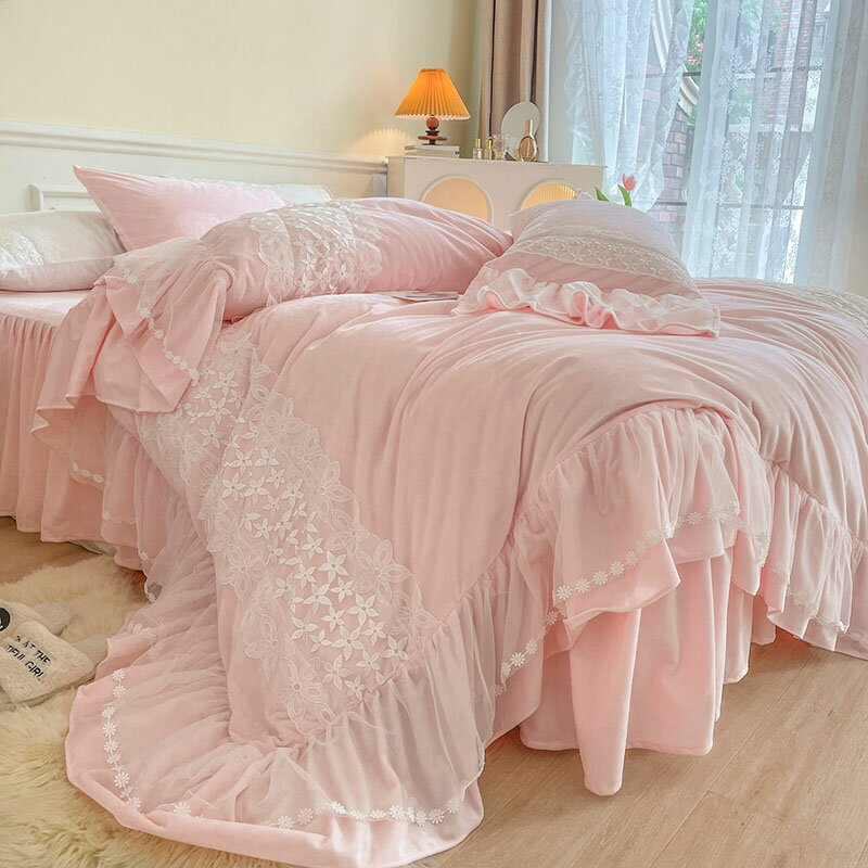 送料無料 全3色 布団カバーセット 韓国風 レース フレア ピンク 白 可愛い キレイめ 寝具カバーセット 3点セット 4点セット 冬 シングル ダブル グレー 掛け布団カバー 敷きカバー ベッド用品 ベットスカート 無地 オシャレ