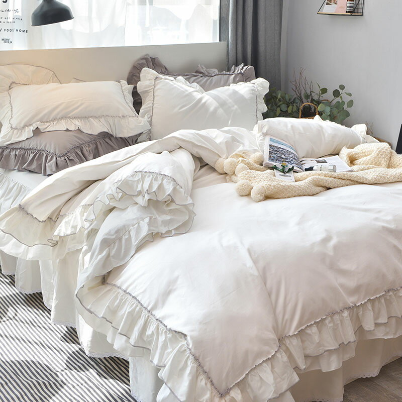送料無料 全4色 布団カバーセット 白 フリル 韓国風 オシャレ 寝具カバーセット コットン100% 無地 掛..