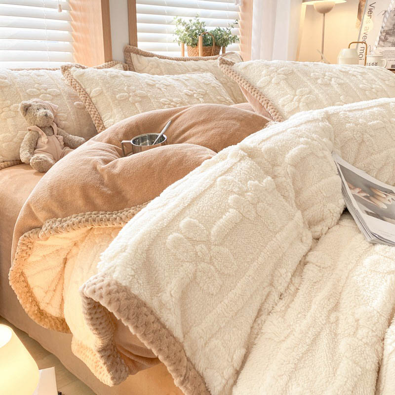 送料無料 全4色 布団カバーセット ベージュ 4点セット 冬 無地 寝具カバーセット ダブル オフホワイト ..