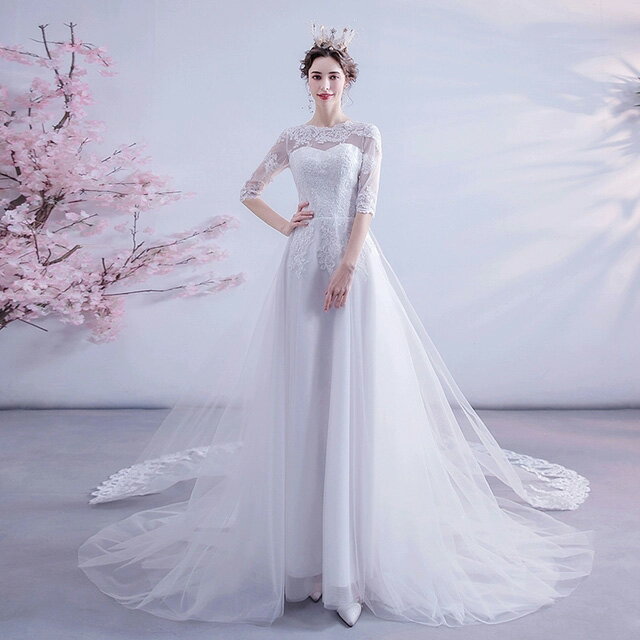ウェディングドレス 袖あり 5分袖 ブライダルドレス レース チュール Aライン トレーンドレス 花嫁ドレス 白 ホワイトドレス シンプル 結婚式ドレス 二次会ドレス 海外挙式 撮影 披露宴 ウェディング ドレス 送料無料