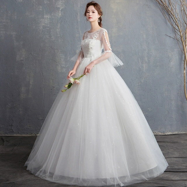 激安 ウェディングドレス 袖あり Aライン ブライダルドレス パニエ付き ホワイトドレス 結婚式 フレア袖 プリンセスドレス 花嫁ドレス マキシ丈 ロングドレス 白 披露宴 二次会ドレス 海外挙式 編み上げ 送料無料