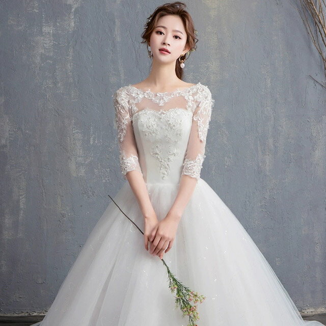 ウェディングドレス 袖あり トレーンドレス 結婚式 5分袖 ロングドレス ホワイト 花嫁ドレス 海外挙式 ブライダルドレス レース ウェディングドレス Aライン 白 ドレス 披露宴 二次会 編み上げ 送料無料