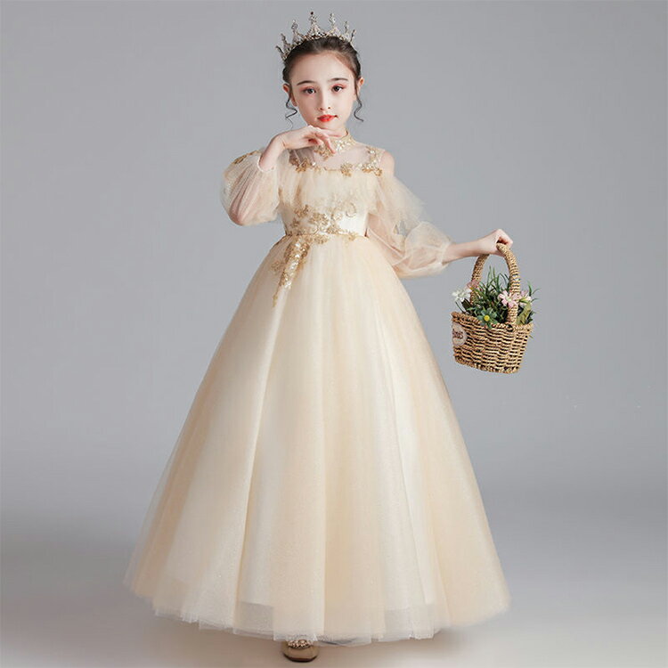 子供ドレス ピアノ発表会 ロングドレス オフショルダー ドレス シャンパン色 160 女児ドレス ハイネック 長袖 パフスリーブ 演奏会ドレス 150 ステージドレス 演出服 キッズドレス 入学式 卒業式 七五三ドレス 女の子 フォーマル 100-160cm 送料無料