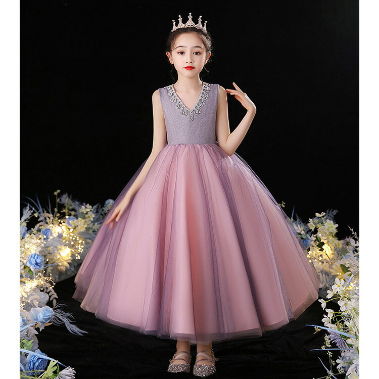 ロングドレス ピアノ発表会 子供ドレス ノースリーブ パープルピンク 女児ドレス ロング丈 演奏会ドレス 150 キッズドレス 演出服 ステージ衣装 子どもドレス 入学式 卒業式 七五三ドレス ラインストーン フォーマル 100-160cm 送料無料