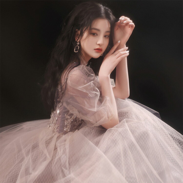 樂天商城 - イブニングドレス パフスリーブ チュール ロングドレス 姫系 お姫様 ロマンチック パーティードレス 20代 30代 ハイネック コンサート コンクール 発表会ドレス Aライン 結婚式ドレス 二次会ドレス お呼ばれドレス 成人式ドレス キレイめ 送料無料