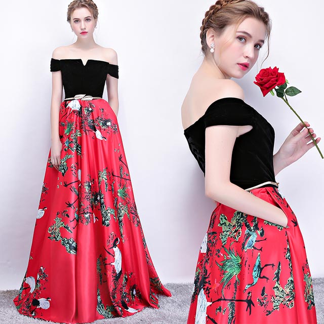 イブニングドレス オフショルダー ロングドレス ベロア ベルベット サテン 発表会ドレス プリント 切り替え オシャレ 30代 40代 パーティードレス 黒 赤 ボートーネック ドッキング お呼ばれドレス ポケット付き 二次会ドレス 送料無料