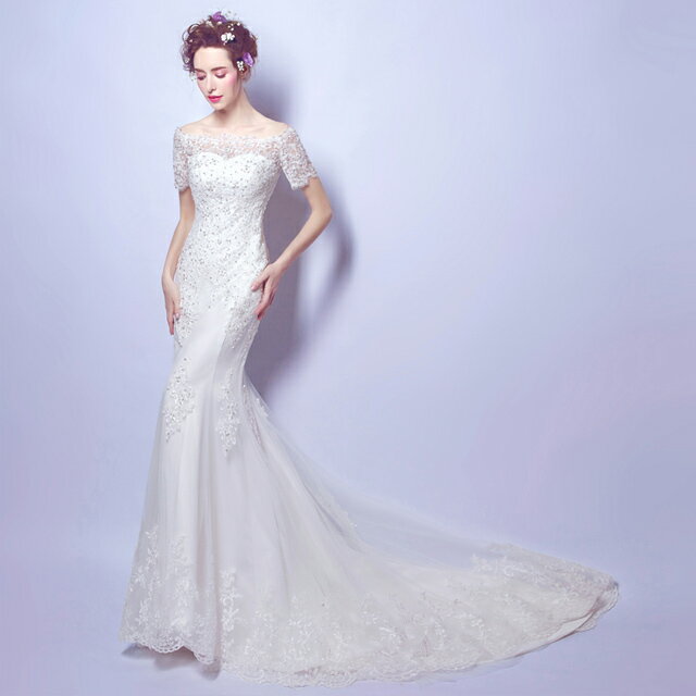ウェディングドレス レース マーメイドライン ウェディングドレス オフショルダー マーメイドドレス 白 ホワイト 結婚式ドレス 半袖 タイト ドレス 海外挙式 トレーンドレス 高級感 花嫁ドレス ブライダルドレス お呼ばれ 披露宴 編み上げ 送料無料