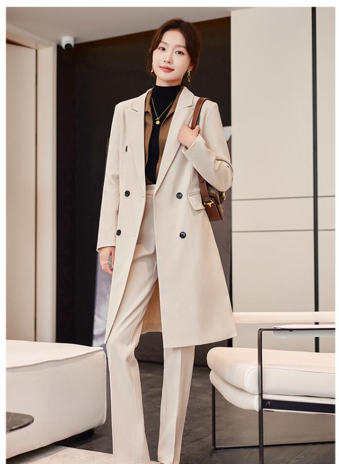 セットアップ パンツスーツ ロングコート レディース 無地 グレー 杏色 黒 2点セット 通勤 OLオフィス ビジネススーツ リクルートスーツ ママスーツ 卒業...