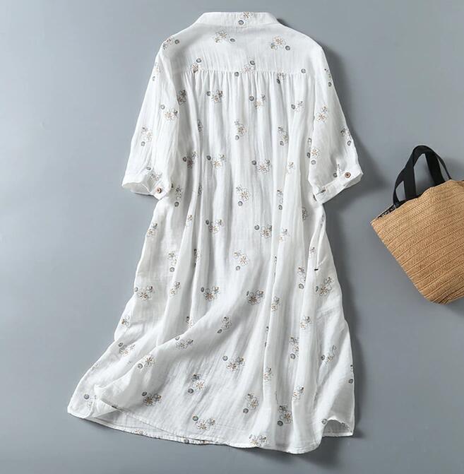 送料無料 ガーゼワンピース チュニック レディース 夏トップス 半袖 大きいサイズ シャツワンピース 膝丈ワンピース 夏 花柄ワンピース 総柄 かわいい 立ち襟 ゆったり 体型カバー ガーゼ綿 着痩せ 通気性 部屋着 柔らかい
