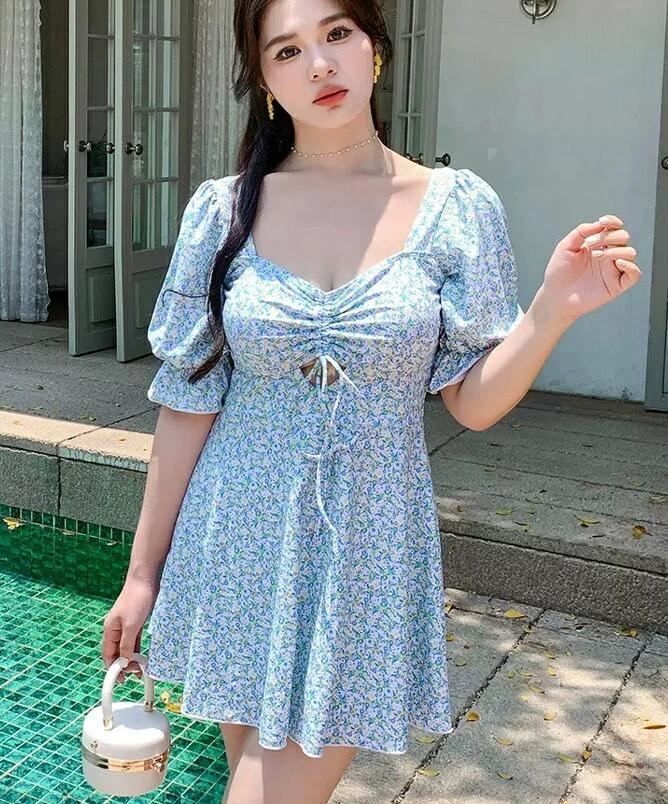 送料無料 ワンピース水着 レディース オールインワン 半袖 ノンワイヤー フリル フレアスカート ハート 露出控えめ 盛れる お洒落 おしゃれ ブルー/グリー XL-5XL