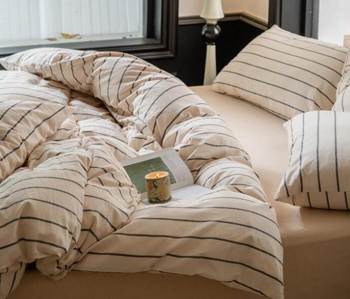 送料無料 布団カバーセット 品質良い ベージュ 掛ふとんカバー3点セット 4点セット ストライプ柄 北欧 ..