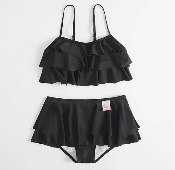 送料無料 水着 上下セット 2点セット ビキニ レディース フリル かわいい シンプル 黒 白 水着 学生 撮影 プール ビーチ ブラック/ホワイト