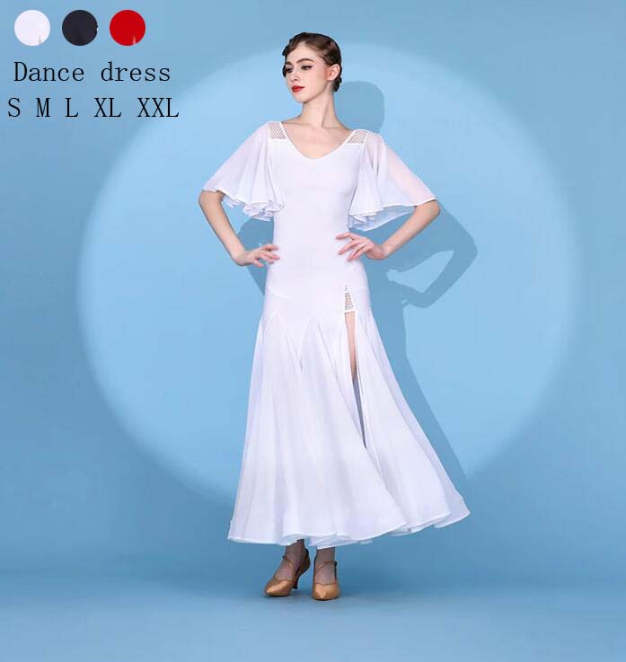 送料無料 モダンダンス 社交ダンス ワルツダンス衣装 シフォンロング丈ドレス 舞台 演出服 競技着 練習着 演出用 着痩せ 発表会 イベント 演奏会 大きいサイズ S M L XL XXL