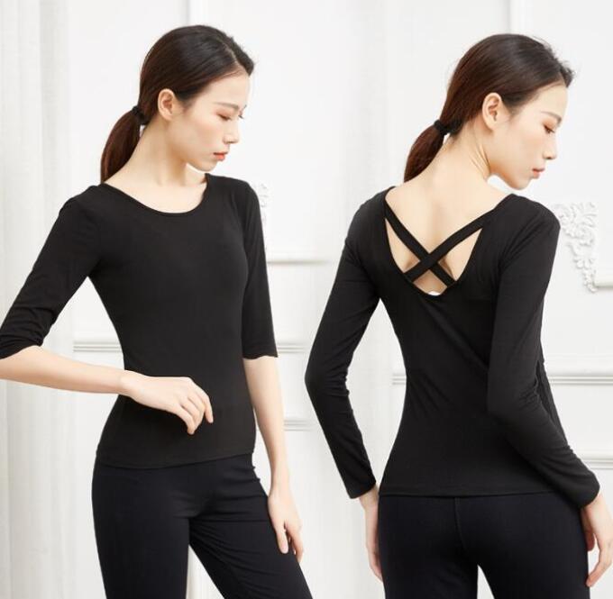 送料無料 レディース ダンス トップス 長袖 五分袖 半袖 Tシャツ ストレッチ 背中クロス 美背 ヨガ バレエ ラテン 古典ダンス 練習着 レッスンウエア 無地 シンプル カジュアルTシャツ カットソー ブラック