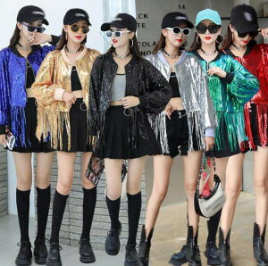 送料無料 スパンコール ジャケット レディース チアダンス衣装 欧米風 きらきら 長袖 演出服 ジャズダンス衣装 ゆったりがルーズ 舞台 ステージ衣装 裾フリンジ 歌手 夜店 クラブ カラオケ 部活 運動会 ダンス衣装 団体 演出服 派手系 カジュアル