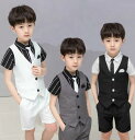 送料無料 子供服 キッズ スーツセットアップ 夏用 ベスト 半ズボン 半袖ワイシャツ ネクタイ 男の子 礼服 紳士服 ストライプシャツ ジレ フォマールウェア ショートパンツセット 結婚式 発表会90cm~160cm