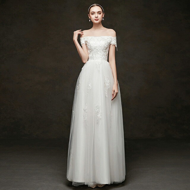 ウエディングドレス オフショルダー ホワイトドレス ボートネック ロングドレス 刺繍 キレイめ 白 ドレス レース チュール 二次会ドレス 結婚式ドレス 優雅 エレガント Aライン 花嫁ドレス ブライダルドレス 披露宴 挙式 発表会ドレス お呼ばれドレス 編み上げ 送料無料