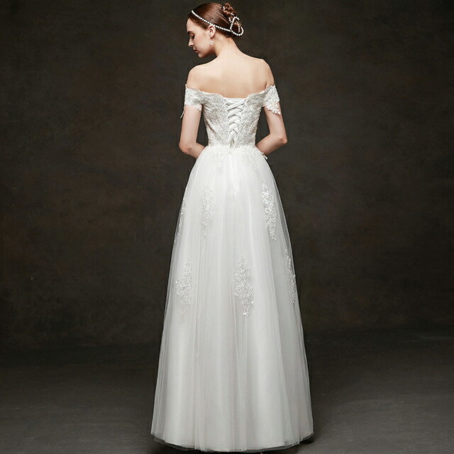 ウエディングドレス オフショルダー ホワイトドレス ボートネック ロングドレス 刺繍 キレイめ 白 ドレス レース チュール 二次会ドレス 結婚式ドレス 優雅 エレガント Aライン 花嫁ドレス ブライダルドレス 披露宴 挙式 発表会ドレス お呼ばれドレス 編み上げ 送料無料