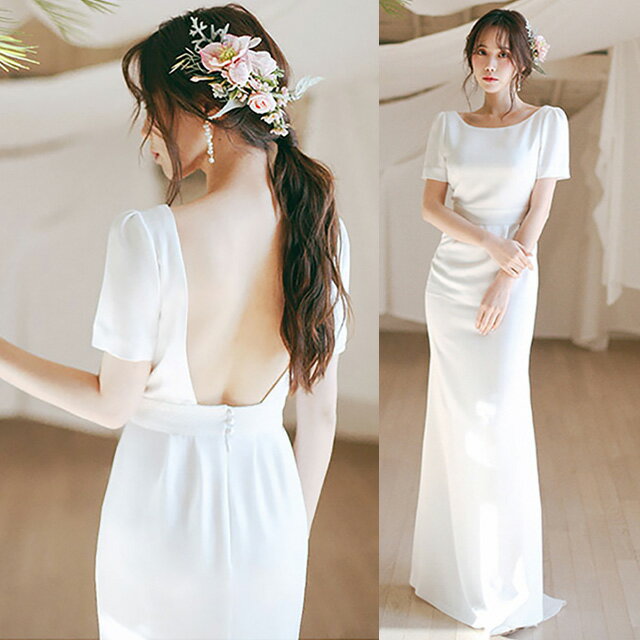 サテン ウェディングドレス マーメイド ロングドレス ホワイト 結婚式 マーメイドドレス シンプル 優雅 エレガント ブライダルドレス 袖あり 半袖 二次会ドレス 披露宴 背開き セクシー 海外挙式 花嫁ドレス 白 送料無料