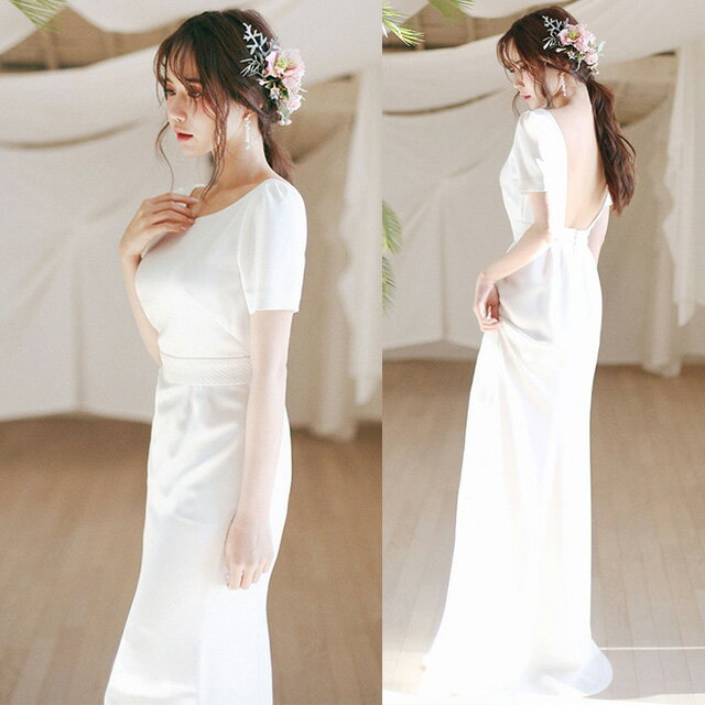 サテン ウェディングドレス マーメイド ロングドレス ホワイト 結婚式 マーメイドドレス シンプル 優雅 エレガント ブライダルドレス 袖あり 半袖 二次会ドレス 披露宴 背開き セクシー 海外挙式 花嫁ドレス 白 送料無料