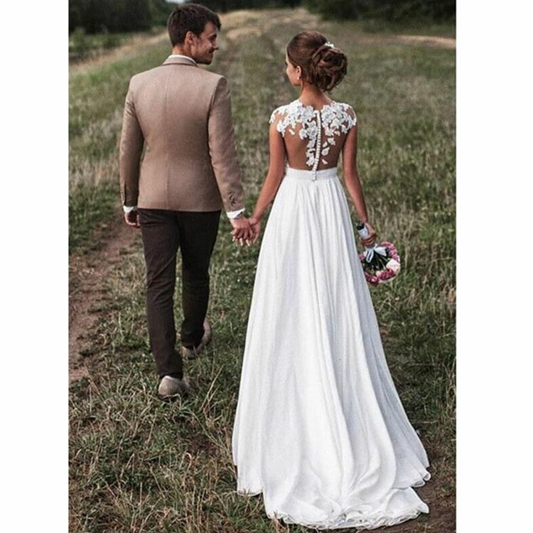 ウエディングドレス レース シフォン トレーンドレス 結婚式 白 ホワイトドレス シースル セクシー ウエディングドレス ノースリーブ 花嫁ドレス Aライン ロング ブライダルドレス 二次会 海外挙式 ドレス 披露宴 送料無料