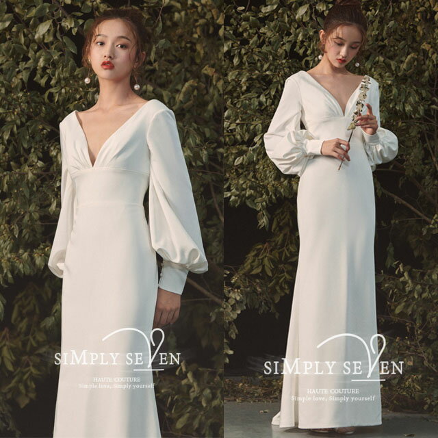 ウェディングドレス サテン 結婚式ドレスロング丈 Vネック ウエディングドレス マーメイド パフスリーブ シンプル 韓国風 ブライダルドレス ホワイト マーメイドドレス 二次会 花嫁ドレス お呼ばれドレス トレーン ロングドレス 優雅 エレガント 海外挙式 送料無料