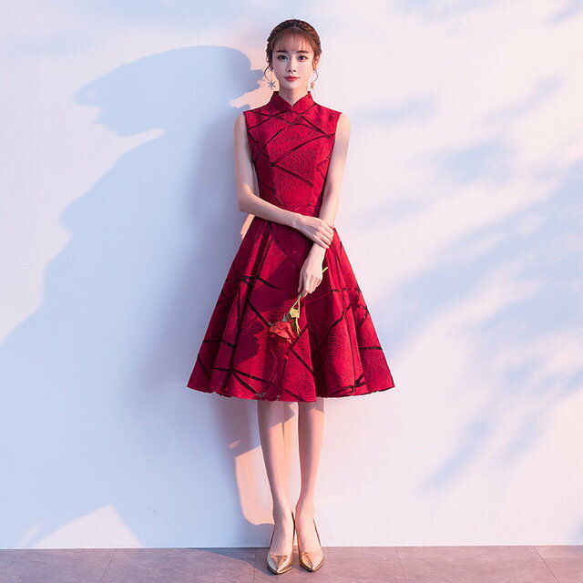 ワイン赤 チャイナドレス Aライン ミモレ丈ドレス 結婚式ドレス 二次会ドレス ミディアム丈 パーティードレス ノースリーブ お呼ばれドレス 20代 成人式ドレス 同窓会 ドレス 謝恩会 ドレス イブニングドレス イベント 送料無料