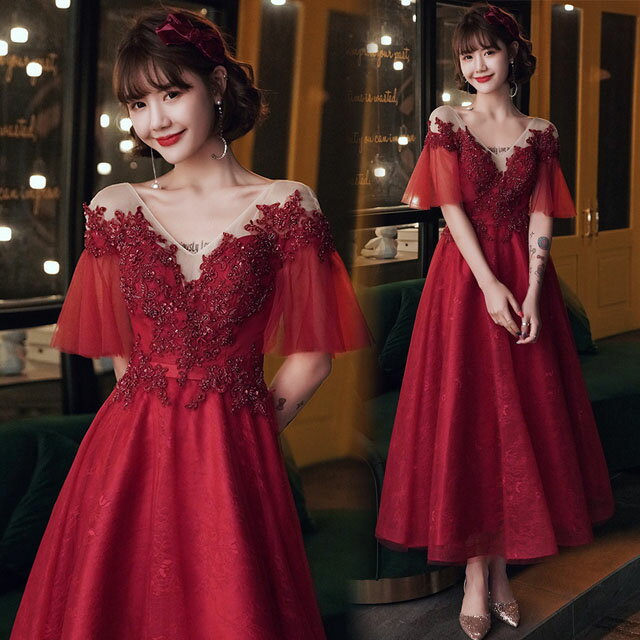 ワイン赤 ゲストドレス 結婚式ドレス 二次会ドレス ロング マキシ丈ドレス 20代 30代 イブニングドレス Vネック 袖あり 発表会ドレス 成人式ドレス 同窓会ドレス 謝恩会ドレス 送料無料