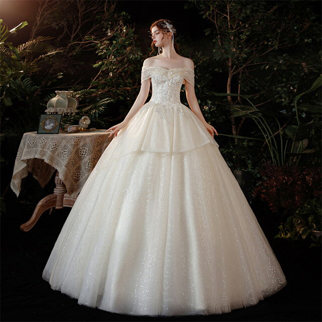 ウェディングドレス オフショルダー スパンコールドレス キラキラ 結婚式ドレス V...