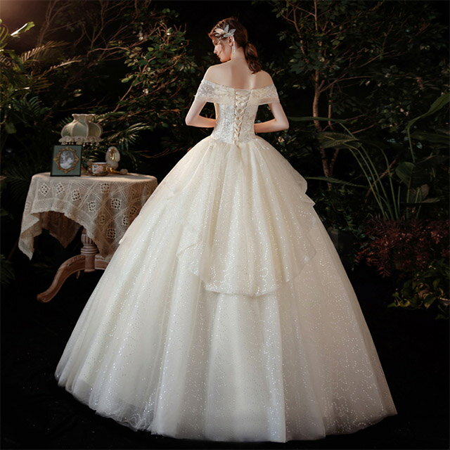ウェディングドレス オフショルダー スパンコールドレス キラキラ 結婚式ドレス V...