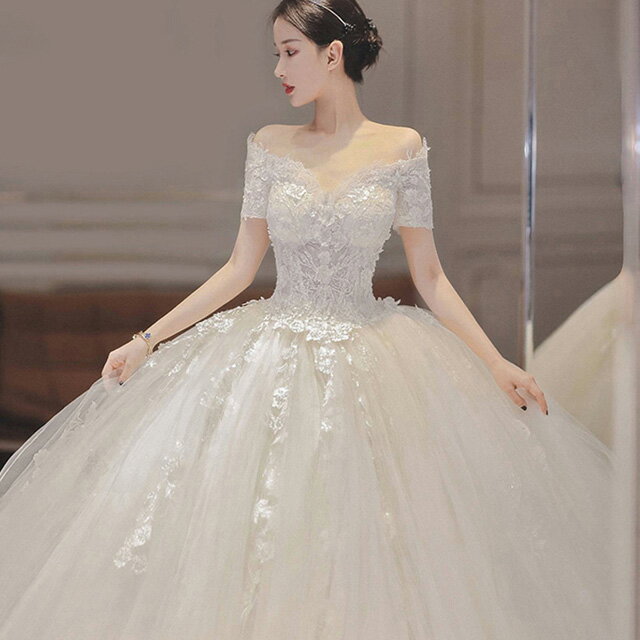 ウェディングドレス オフショルダー トレーンドレス 結婚式ドレス レース チュール 二次会ドレス Vネック ホワイトドレス ロング ブライダルドレス 披露宴 ドレス 編み上げ 送料無料